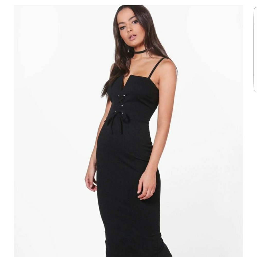 Boohoo corset black midi dress