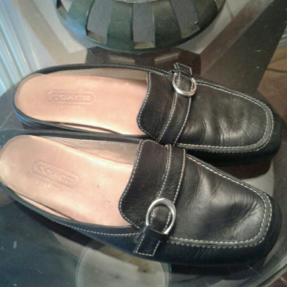 SOLD.   Black Coach Leather Slides. SOLD