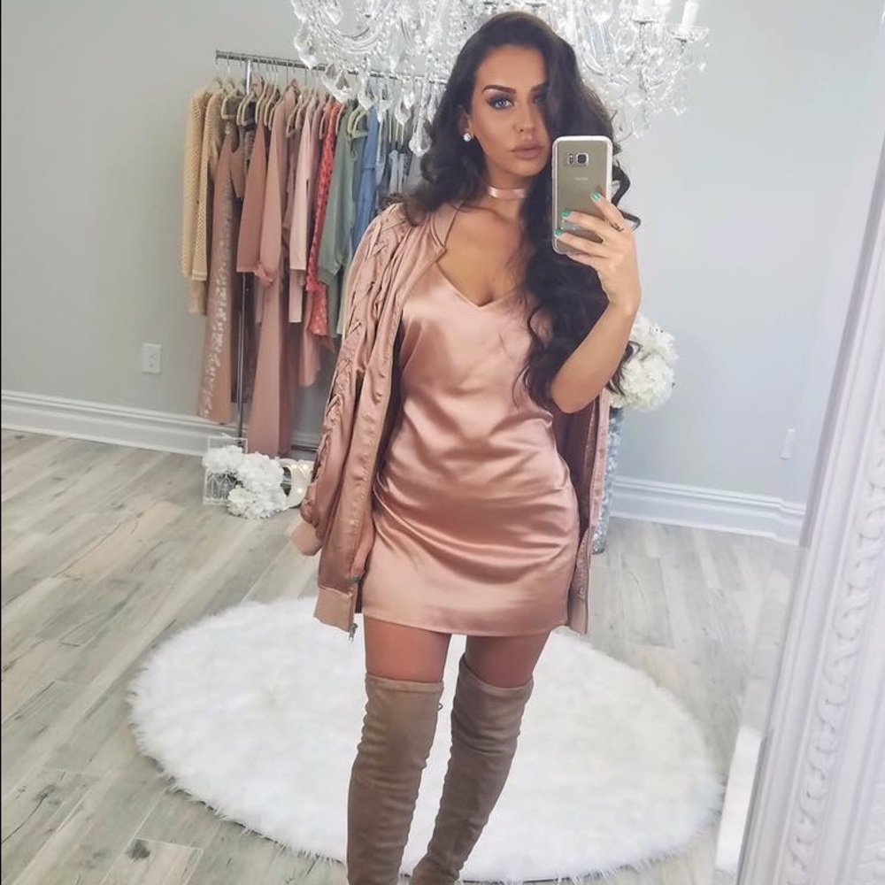Carli Byble missguided long rose gold bomber