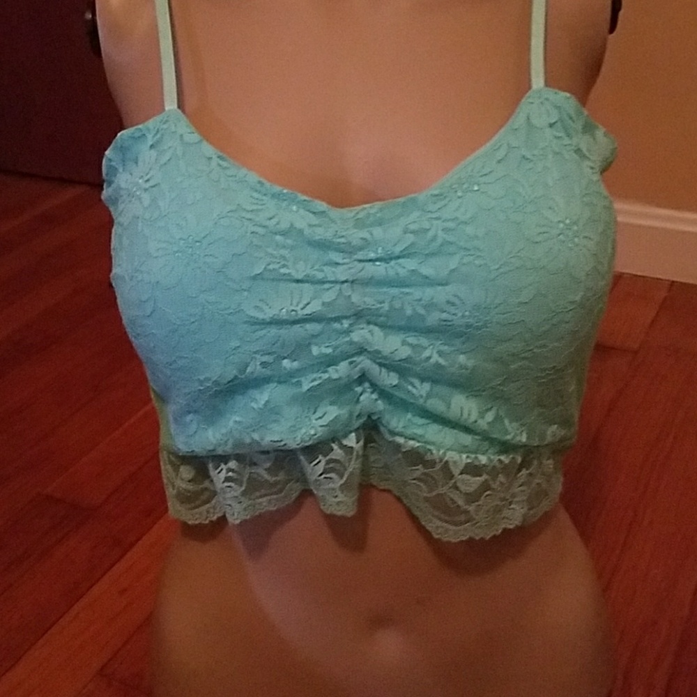 Cute baby blue tiny lacey top with support. : )