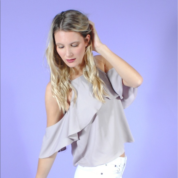 Taupe Cold Shoulder Ruffle Top - Picture 4 of 5