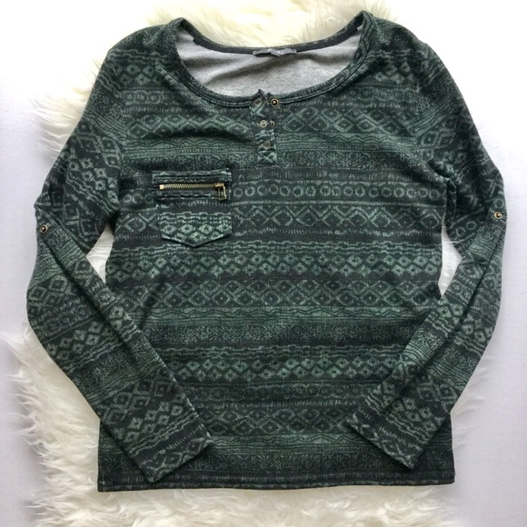 Miss Me Tops - Miss Me LS Print Henley
