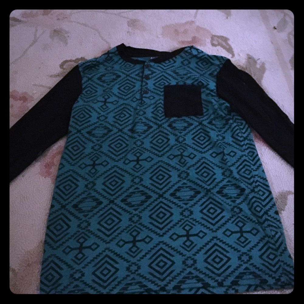 A boys small long sleeve shirt in blue and black.