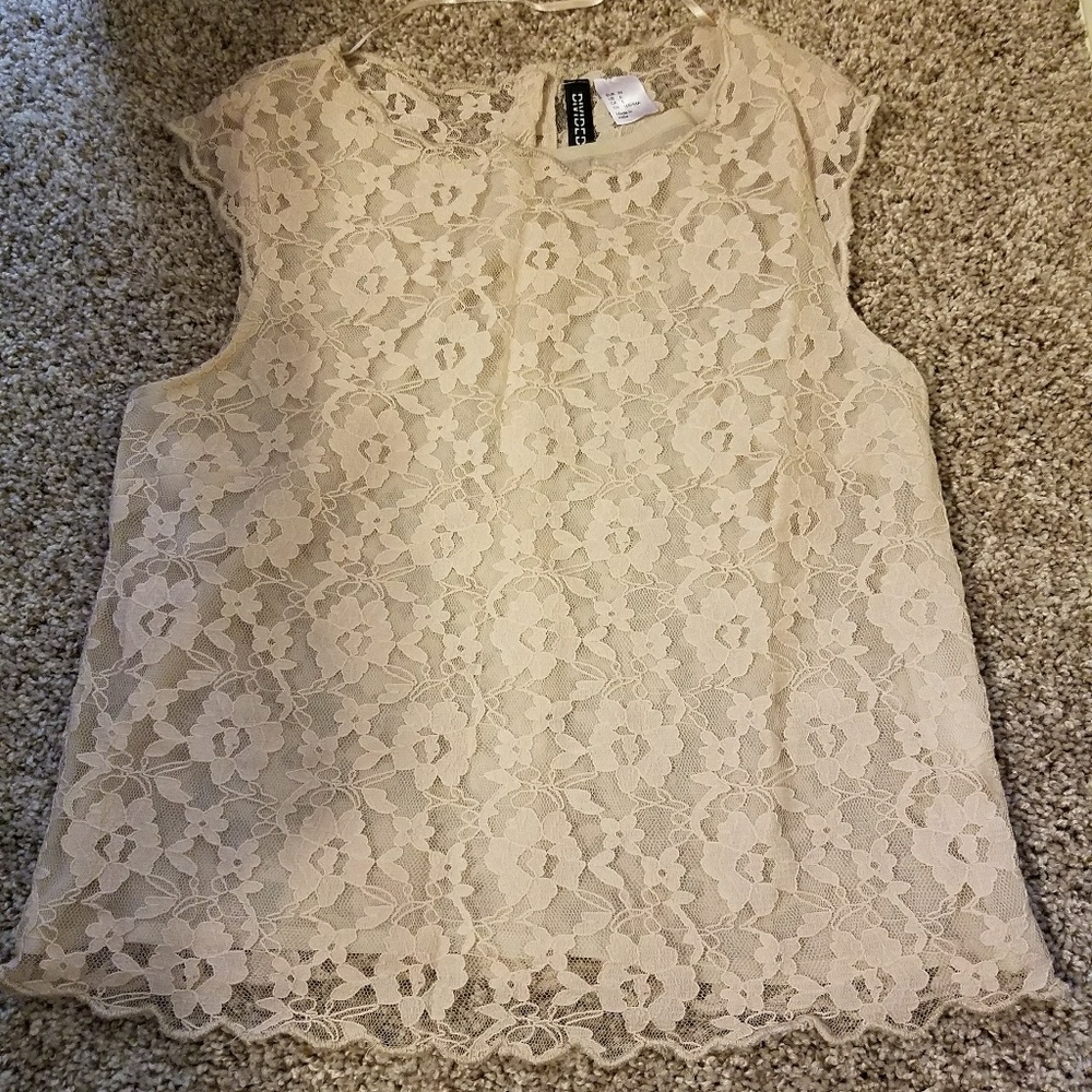 Beige Lace Tank Top with Exposed Back