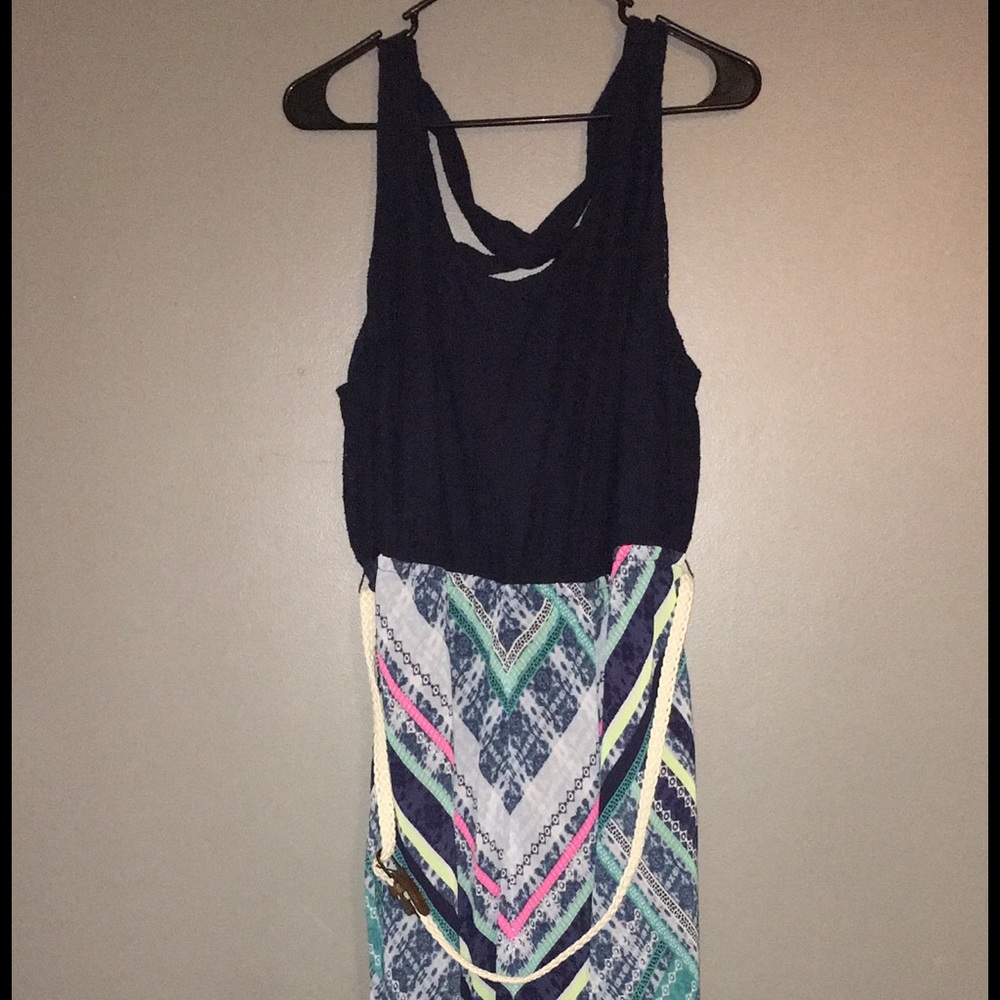 Navy blue dress with colorful bottom.