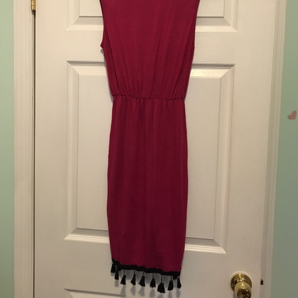 Magenta Colored Sleeveless Faux Wrap Tassel Dress - Picture 3 of 6
