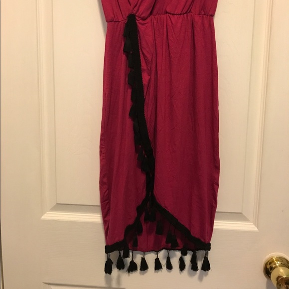 Magenta Colored Sleeveless Faux Wrap Tassel Dress - Picture 4 of 6