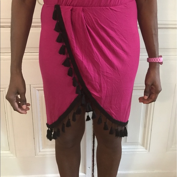 Magenta Colored Sleeveless Faux Wrap Tassel Dress - Picture 6 of 6