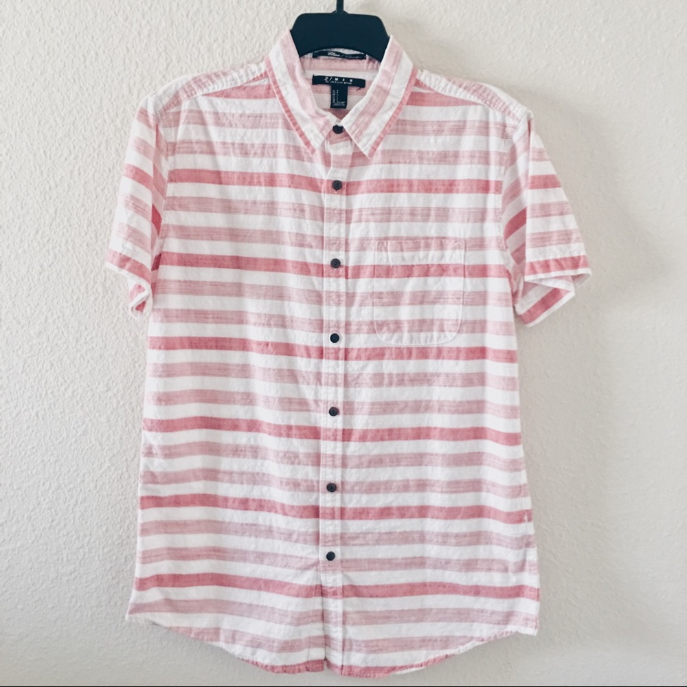 FOREVER 21 MENS Short Sleeve Red Striped Button Up