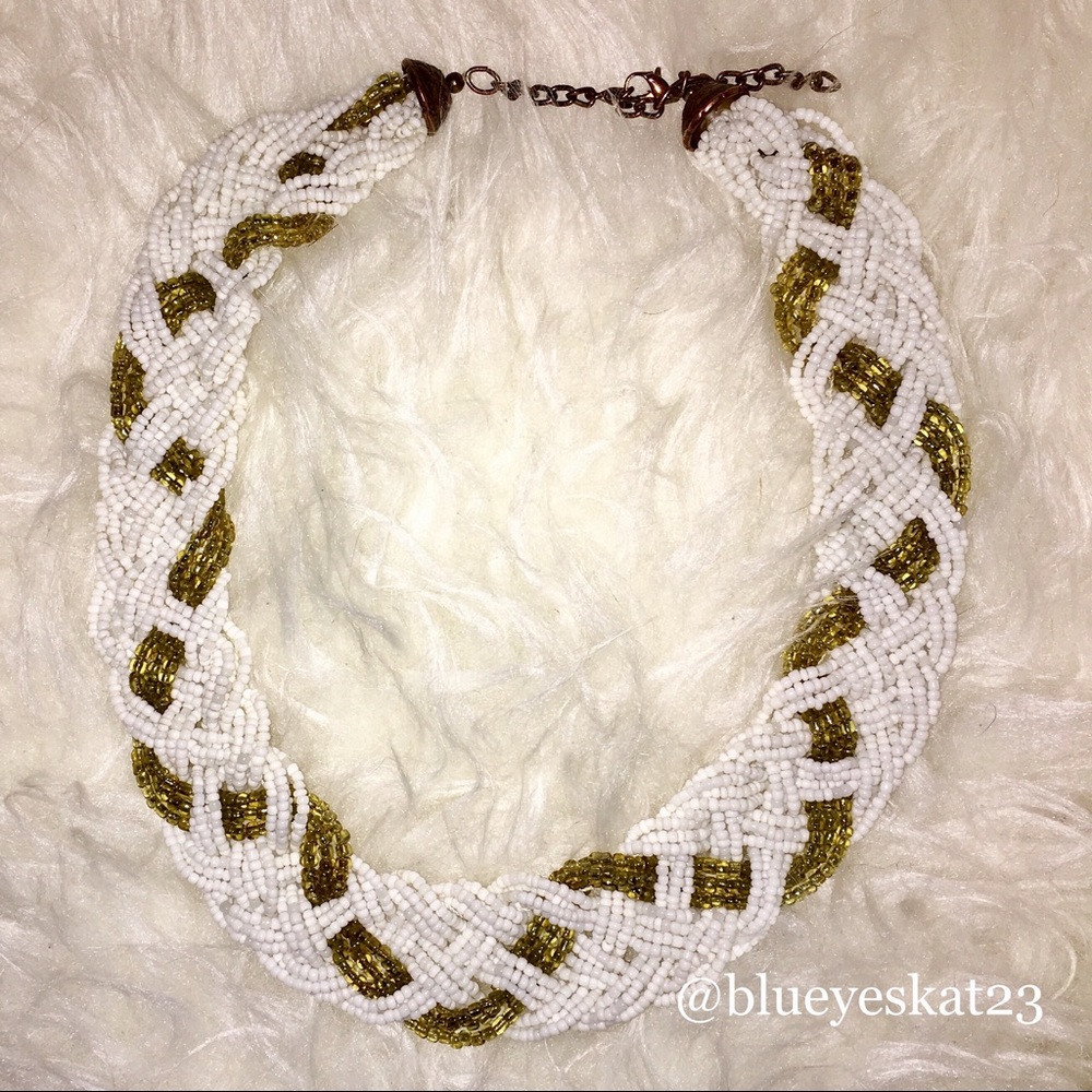 🛍 White & Gold Braided Beaded Statement Necklace