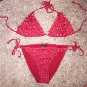 Red and white polka dot ruffle bikini