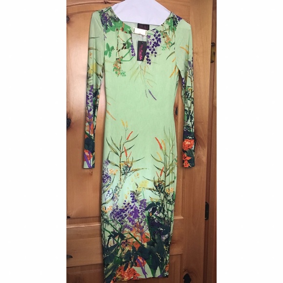 Sage cut out gold accent floral midi dress - Picture 1 of 3
