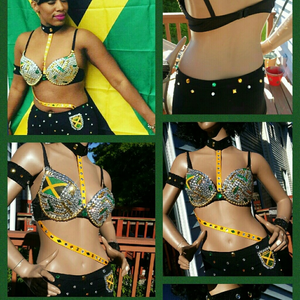 Jamaican FLAG rhinestone bra and booty shorts