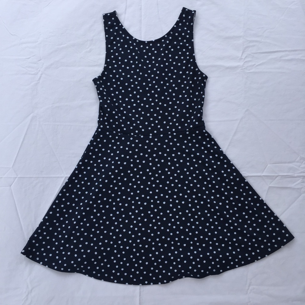 Navy blue polka dot flare dress