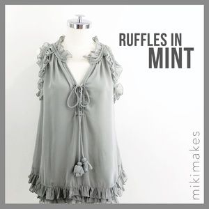 [ blue velvet ] mint ruffle lace up tank romantic