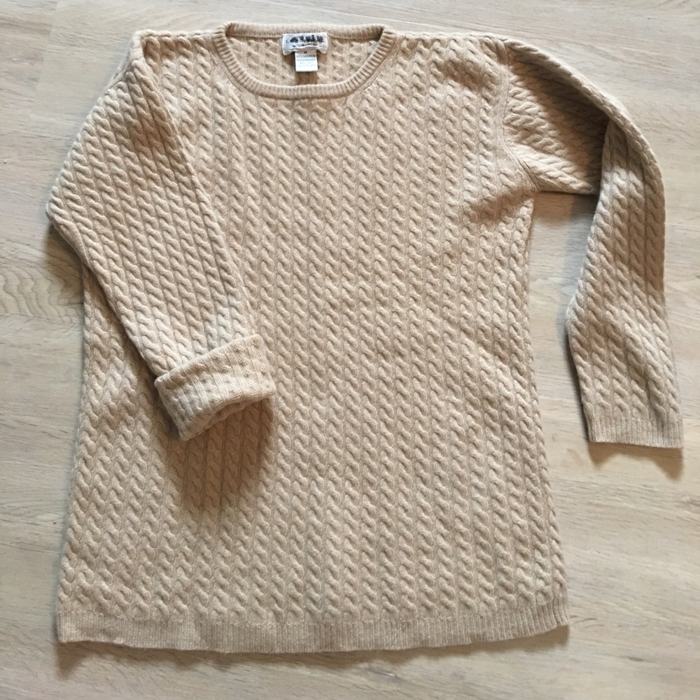Stone colored cable knit cashmere sweater