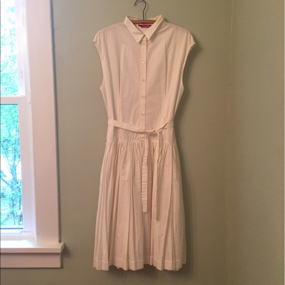 Prada White Pleated Button-Down Shirtdress