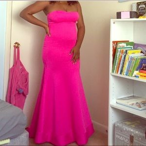 Hot pink fuchsia strapless mermaid gown
