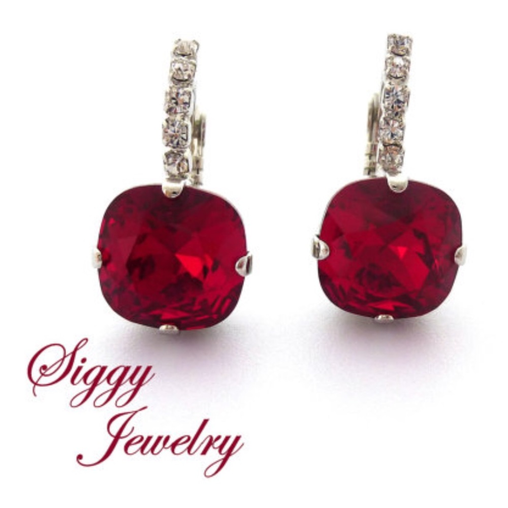 Swarovski Crystal Cushion Cut Earrings in Siam Red