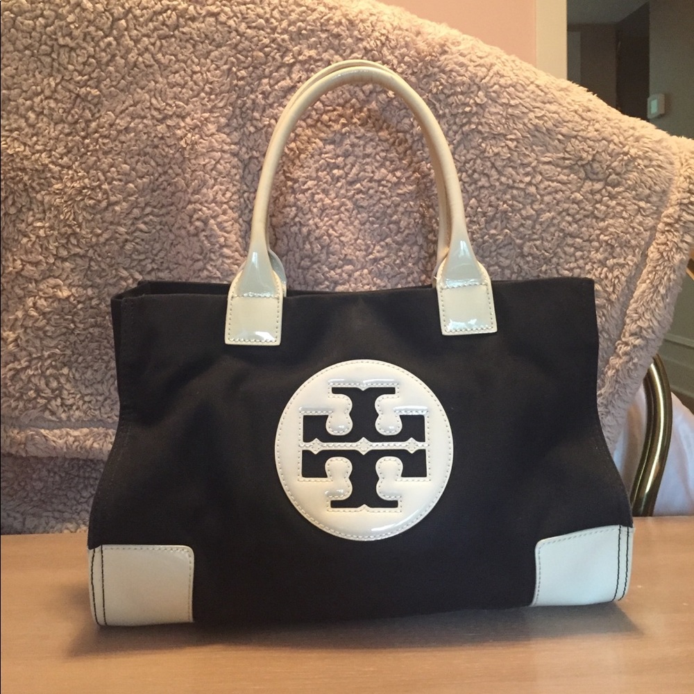 Tory Burch Black Canvas & Patent Leather Tote