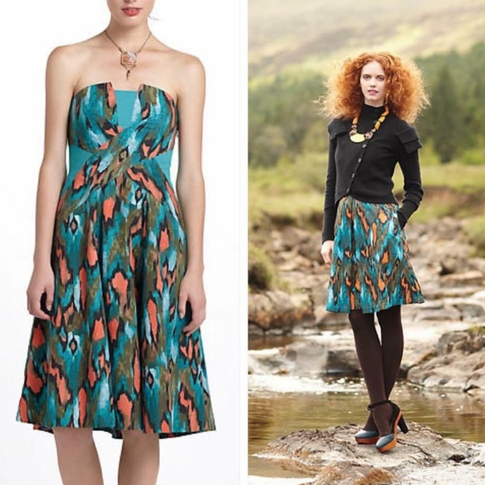 ⚡️SALE⚡️Strapless Green Painted IKAT Dress Anthro