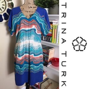 Trina Turk Blue Waves Abstract V-Neck Tunic Dress