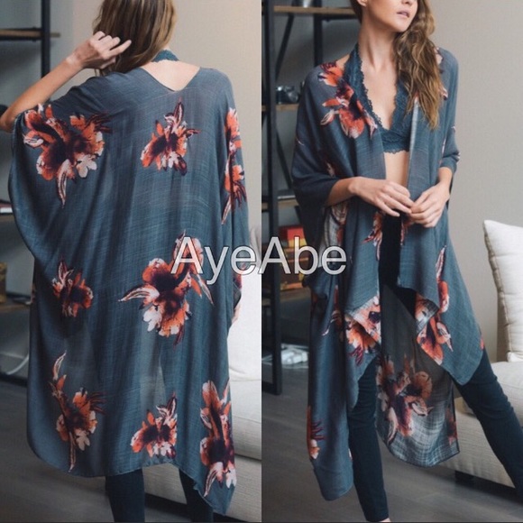 New Floral print kimono wrap coverup open cardigan - Picture 2 of 4
