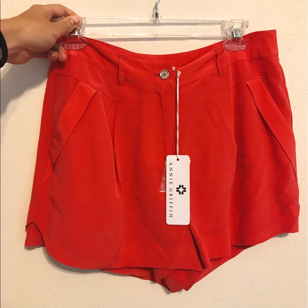 Annie Griffin Hot Coral Silk Shorts
