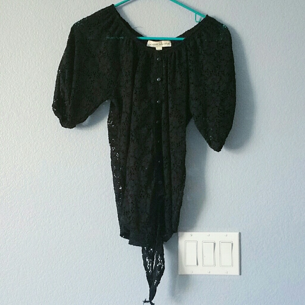 Black Lace Tie Front Top