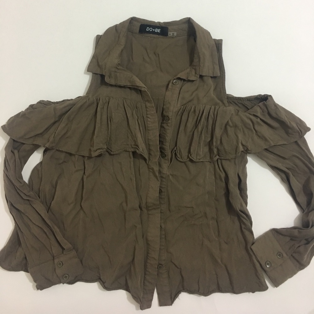 Long Sleeve Cold shoulder Button Up Ruffle Top