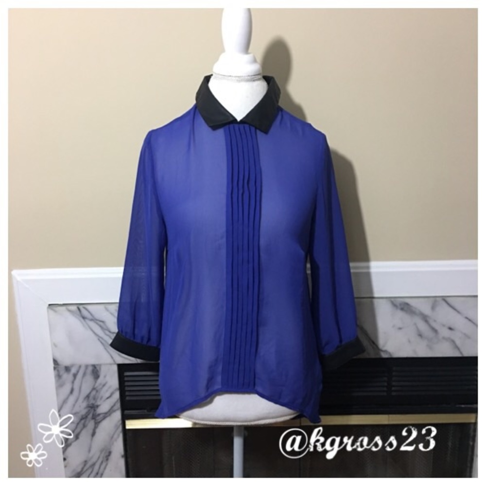 Nicole Miller sheer blouse faux leather trim sz M