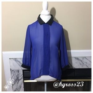 Nicole Miller sheer blouse faux leather trim sz M