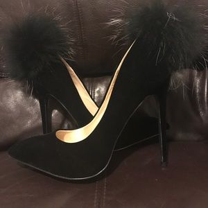Black Velvet Like Pom Pom Pumps