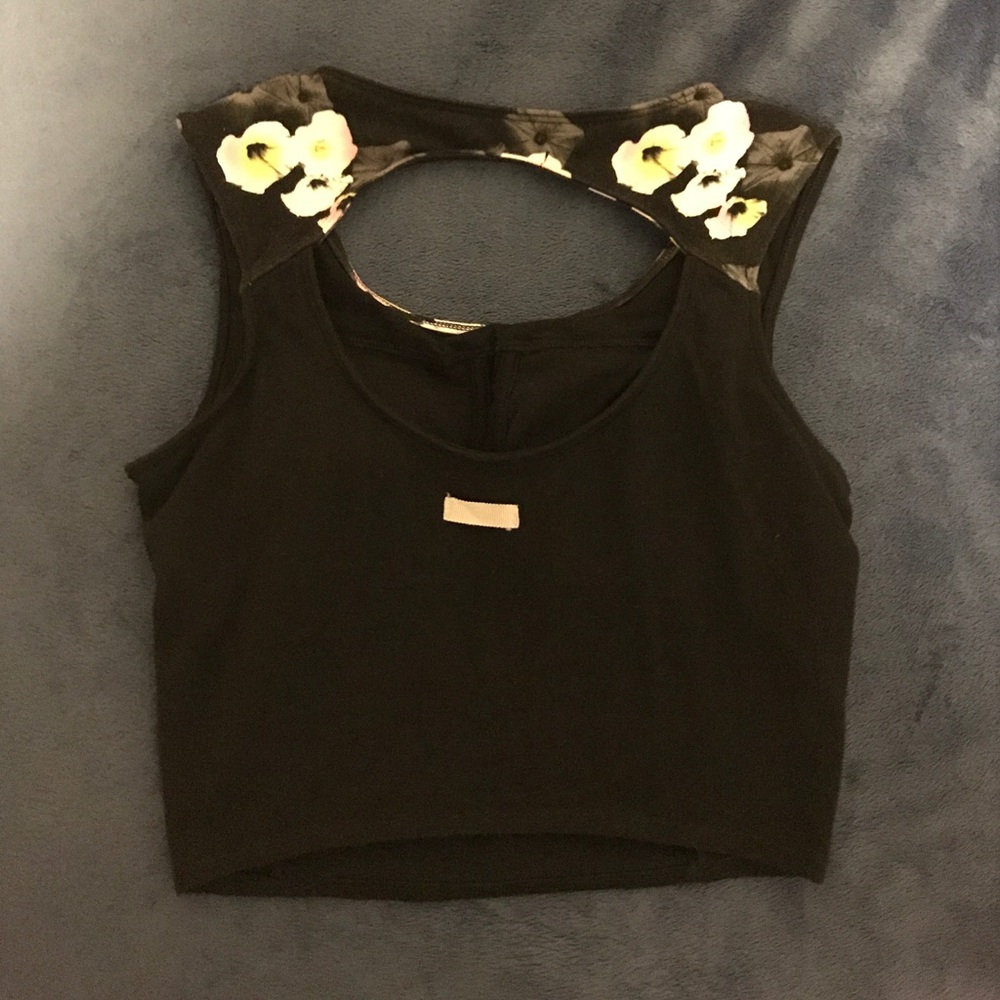 Black and Floral Cutout Crop Top