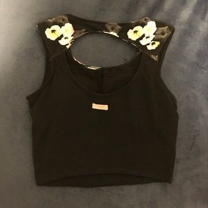 Black and Floral Cutout Crop Top