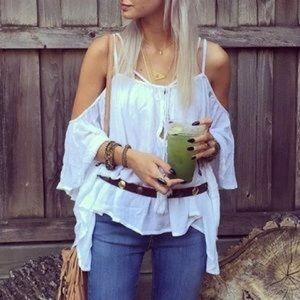 LF White Flowy Oversized Off-Shoulder Crop Top M/L