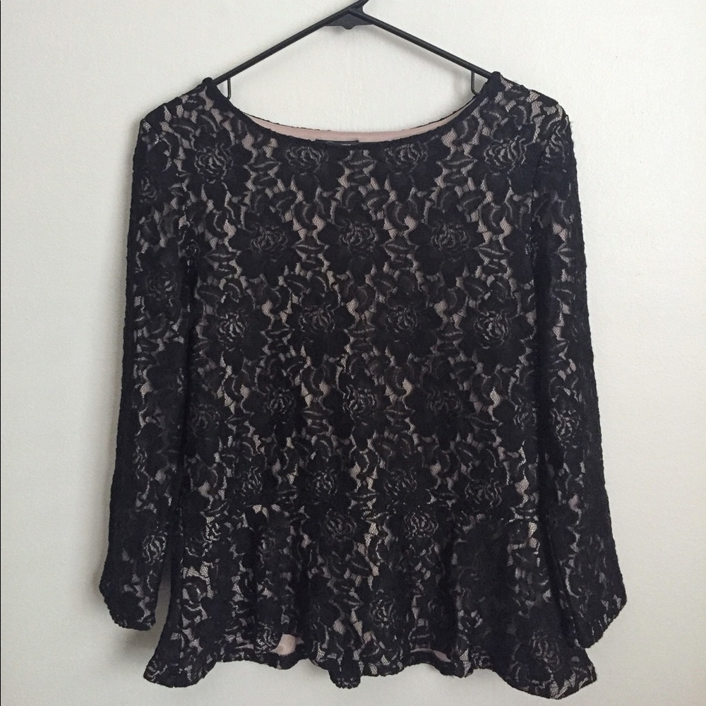 Cupio Black Lace Long Sleeve Peplum Top Large