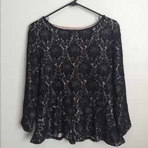 Cupio Black Lace Long Sleeve Peplum Top Large