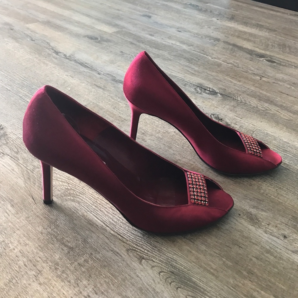 Red Satin Peep Toe Heels