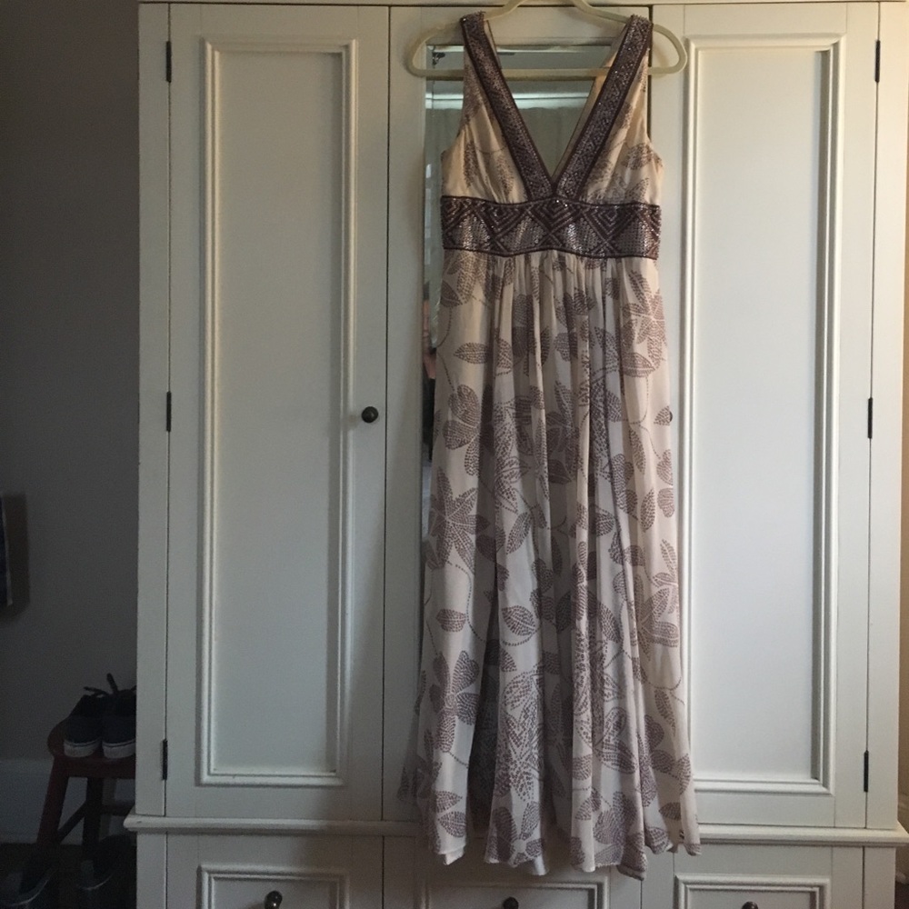 BCBG cream & cocoa brown beaded gown