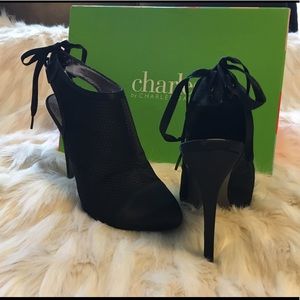 CHARLES DAVID SATIN STILETTO BOOTIES.