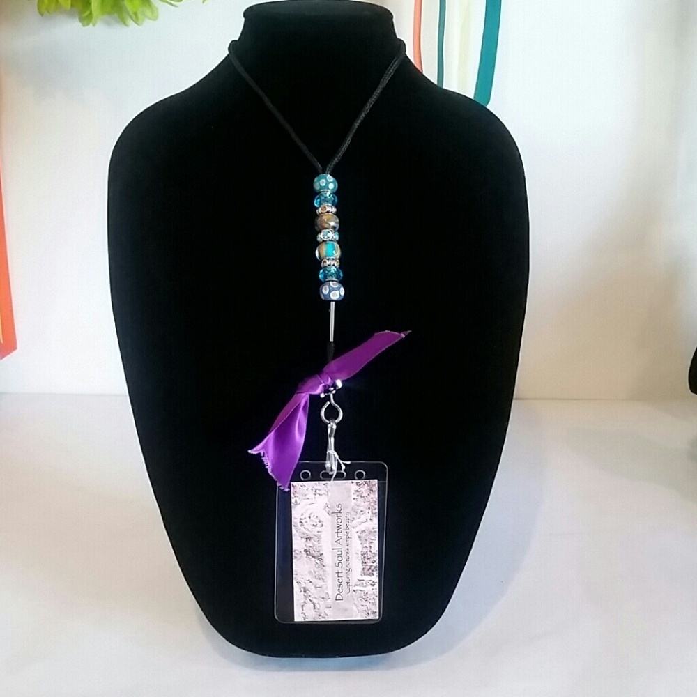 Photo ID Lanyard w/Aquamarine Glass Beads