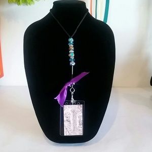Photo ID Lanyard w/Aquamarine Glass Beads