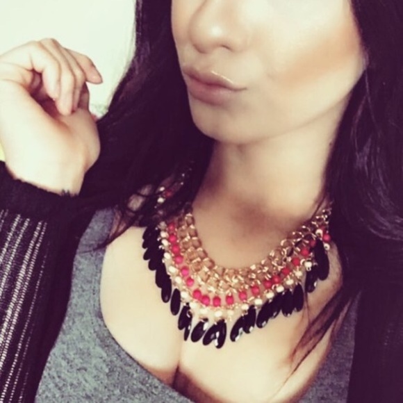 Pink Gold Jewel Fringe Statement Necklace - Picture 1 of 3