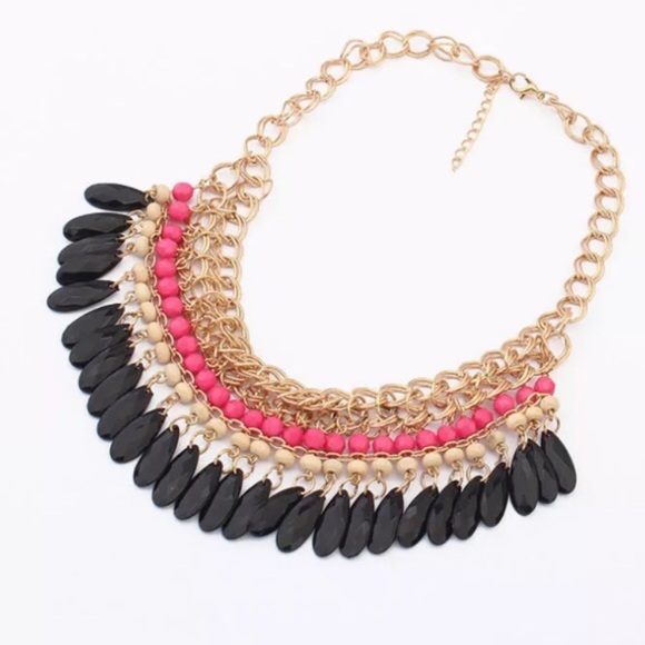 Pink Gold Jewel Fringe Statement Necklace - Picture 2 of 3