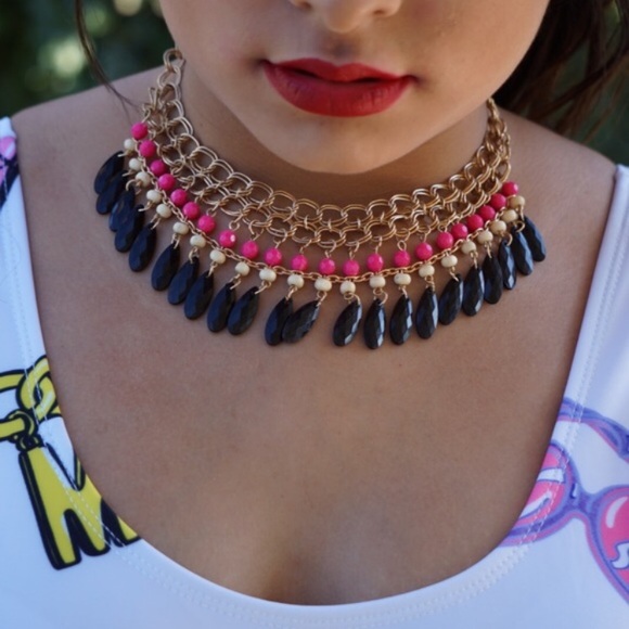Pink Gold Jewel Fringe Statement Necklace - Picture 3 of 3