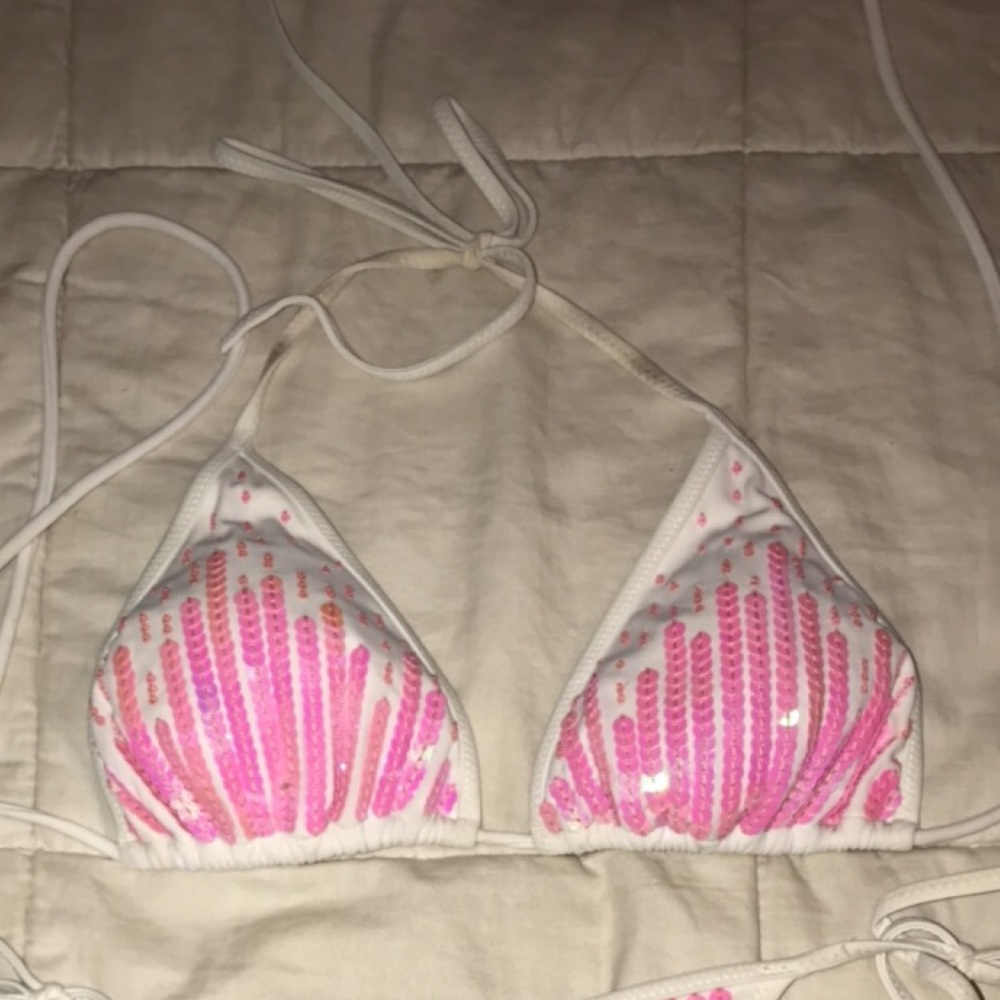 Pink and white sequin string bikini