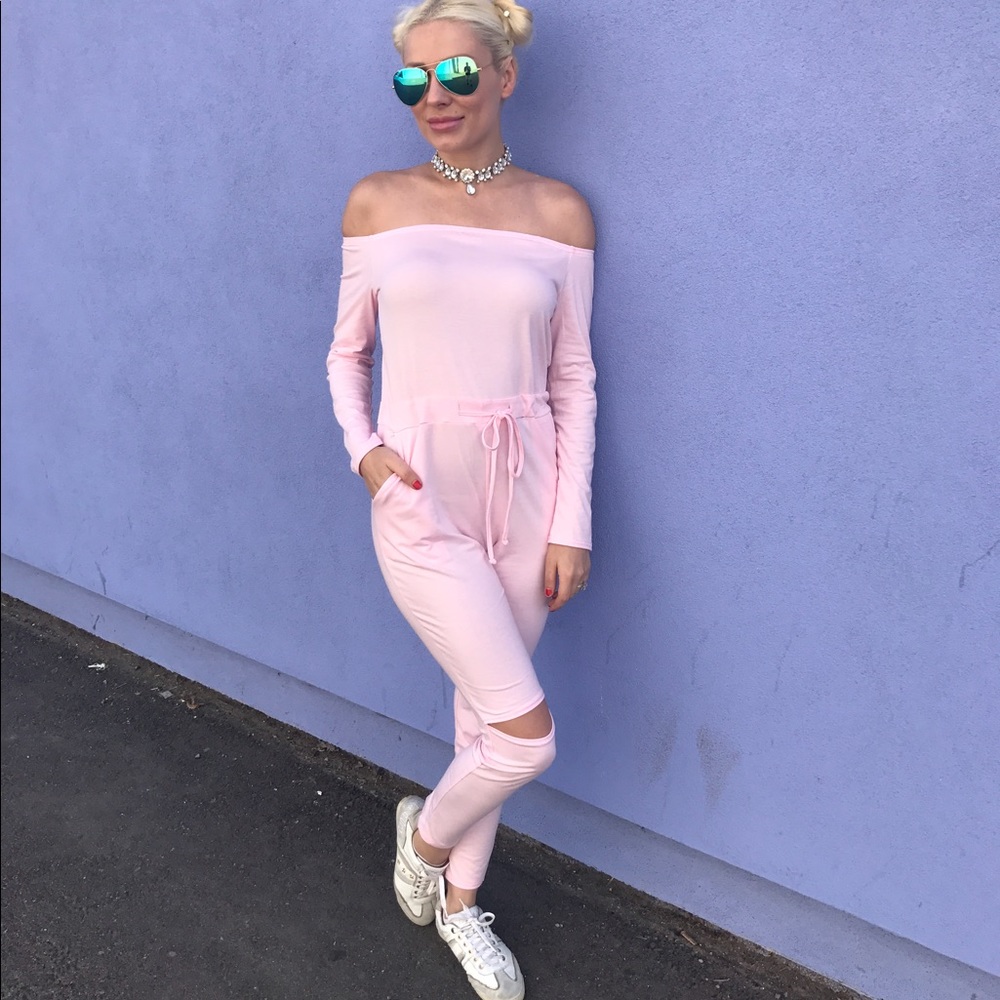 Powder pink, off the shoulder, jumpsuit/ romper