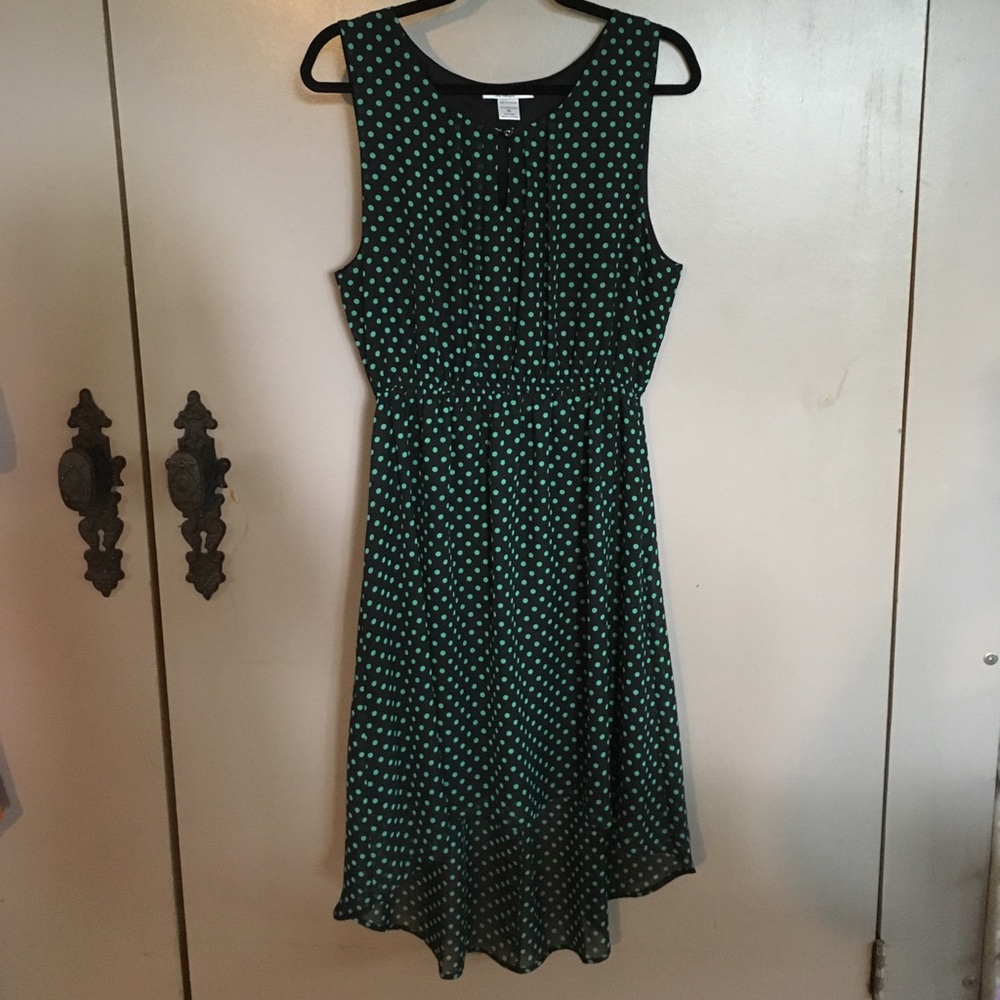 Navy blue dress with green polka dots