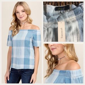 NEw with Tags Francesca blue white Off shoulder